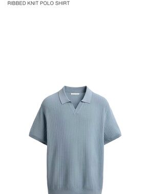 Zara - Mens - Ribbed Knit Polo Shirt - Light Blue- Large